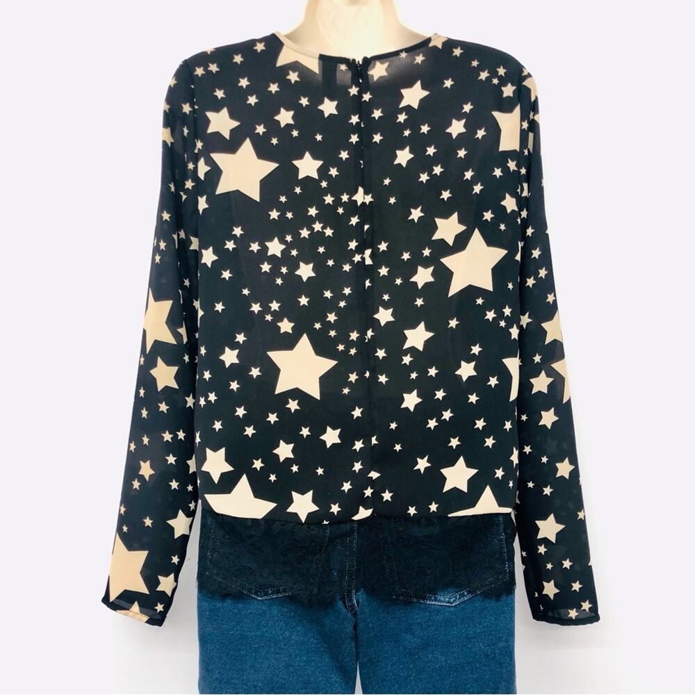 Design Lab Black Gold Star Top Long Sleeve Black lace Edging